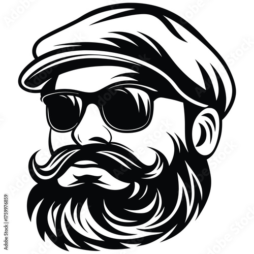 Monochrome bearded man with cap and sunglasses features a bold mustache in sharp detail