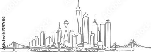 Minimalist New York City Skyline with Bridges, Single Line Drawing