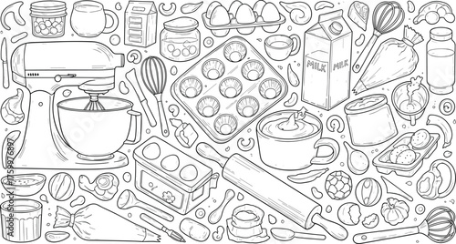 Monochrome line art illustration featuring a collection of kitchen tools and ingredients for baking cakes and pastries