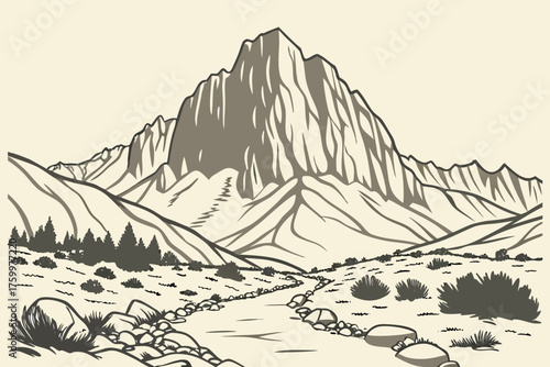Minimalist vector of Mount Whitney with desert base landscape
