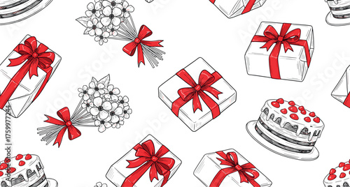 Seamless pattern of hand-drawn celebration elements featuring gift boxes, flower bouquets, and cakes with red ribbons