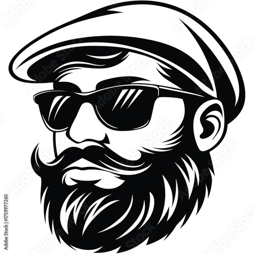 Monochromatic bearded man wearing a newsboy cap and sunglasses exudes vintage charm