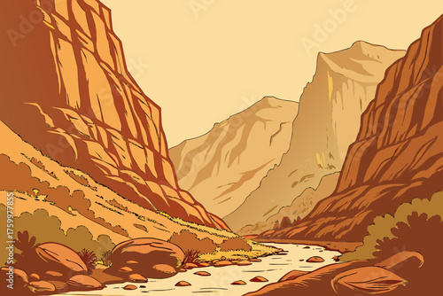 Minimal vector of Kings Canyon cliffs in warm sunlight tone
