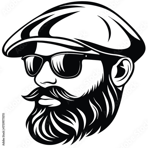 Stylish bearded man sports retro sunglasses and a newsboy cap in black and white