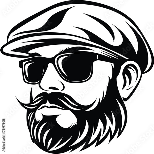 Monochrome bearded man wears cap and sunglasses, featuring stylish mustache in bold artwork