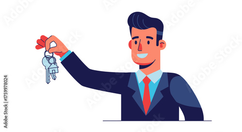 Agent Showing House Keys, Real Estate Illustration, New Home Owner Concept, Black Background