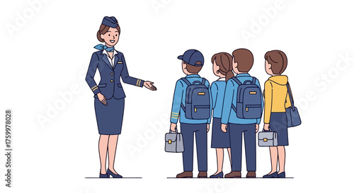 Air Hostess Welcomes Children Ready for Journey Representing Travel and Hospitality