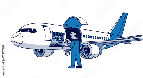 Aircraft Technician Inspecting The Jet Engine And Inspecting The Aircraft Components