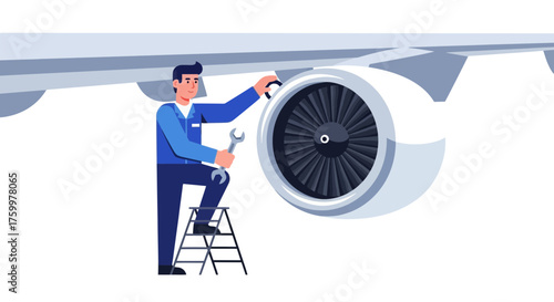 Aircraft Technician Inspecting Plane Engine and Wing for Maintenance and Safety