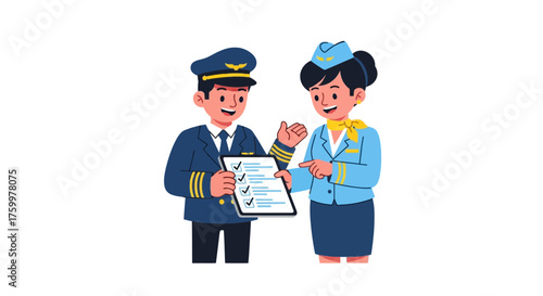Airline Crew Members Reviewing Checklist Before Flight Departure in Illustrated Style
