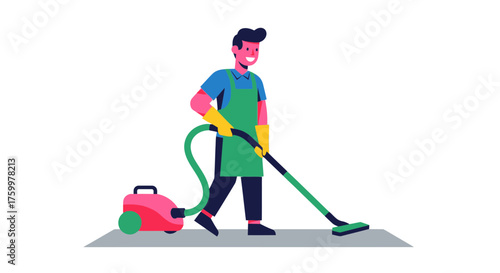 Animated Cleaner Using Vacuum Ready For Cleaning On A Graphic Background