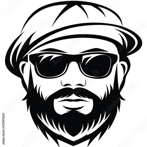 Stylish bearded man wearing a cap and sunglasses is depicted in a striking vector