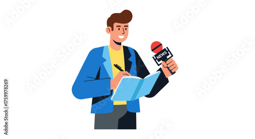 Animated Reporter Holding A Microphone And Taking Notes For Broadcasting Event