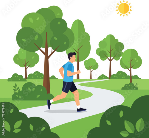 Man running outdoors scenic park path sunny day green trees exercise fitness activity flat design vector illustration white background