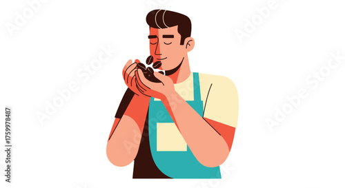 Aromatic Man Appreciates Fragrant Beans, Aromatherapy and Sensory Experience Visualization