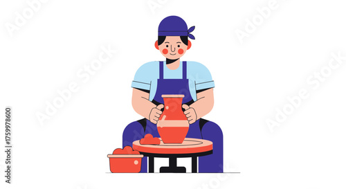Artisan Creating Clay Pottery on Wheel Against Black Backdrop Illustration