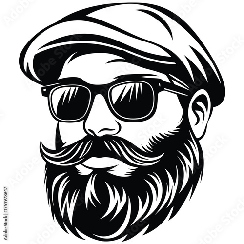 Monochrome depicts a bearded man wearing a cap and sunglasses looking straight ahead