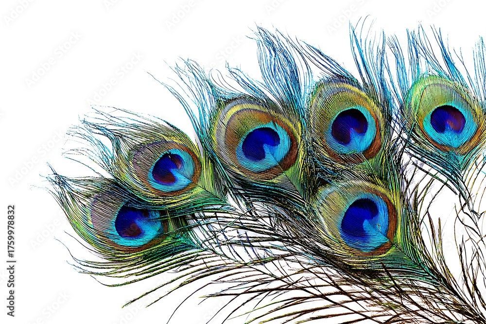 Fototapeta premium Close up of vibrant peacock feathers isolated on white background