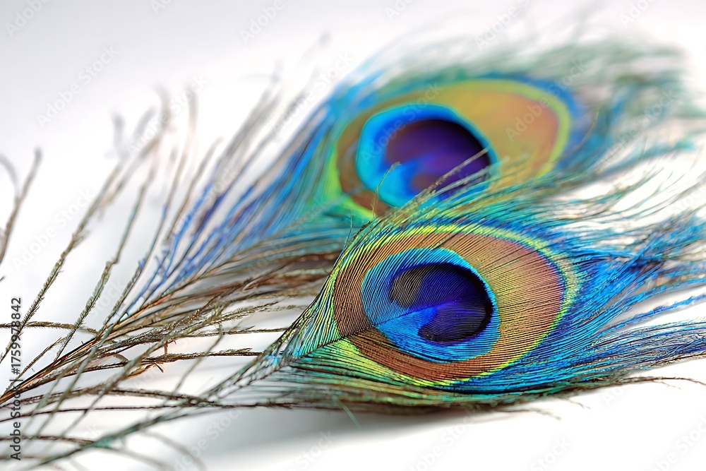 Fototapeta premium Two vibrant peacock feathers isolated on white background