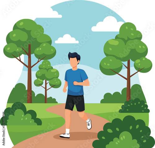 Man jogging in a park with trees and bushes on a sunny day with clouds in the sky. flat design vector illustration white background