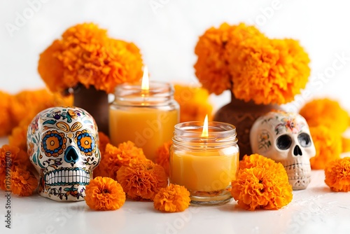 Day of the dead altar decorations with marigolds and sugar skulls isolated on white background