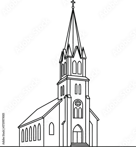Minimalist church line drawing on a plain white background