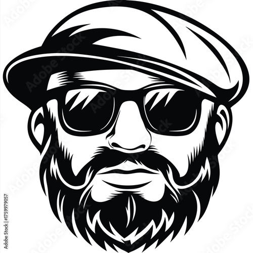 Monochrome bearded man wearing sunglasses and a cap exudes confidence through his stylish persona