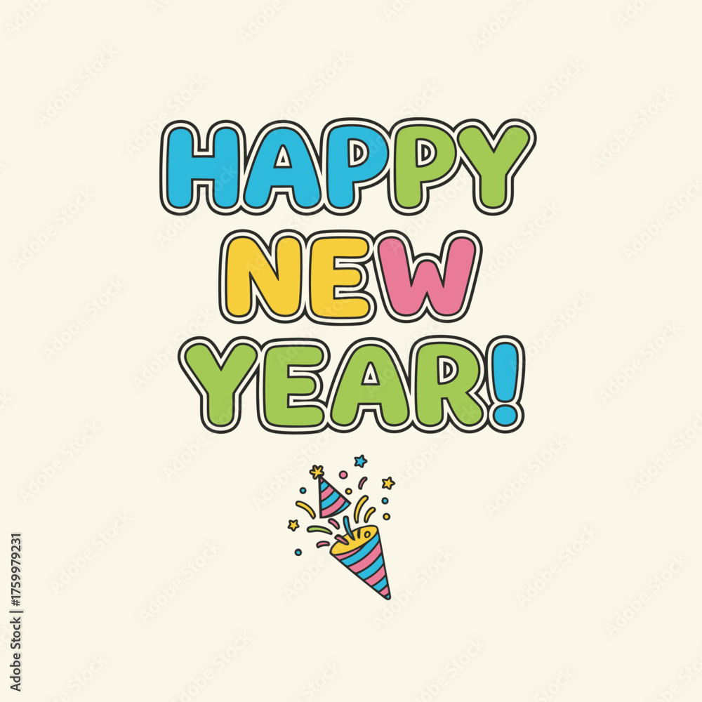 Naklejka premium Playful Happy New Year Doodle illustration with Festive Cartoon Characters