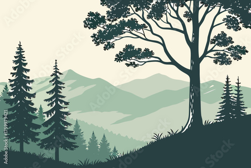 Flat modern design of Catskill Mountains forest silhouette
