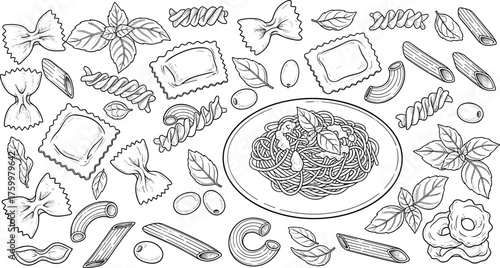 Delicious Pasta Extravaganza A Detailed Black and White Illustration of Various Pasta Shapes and Ingredients