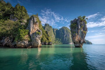 Poster encadré  Scenic coastal landscape with towering rock formations and clear water under a blue sky  © Haidar
