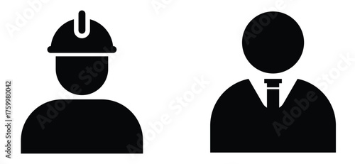 Vector icon showing engineer with safety helmet and businessperson in suit symbolizing teamwork, collaboration between technical and management professionals, leadership, industry partnership concept.