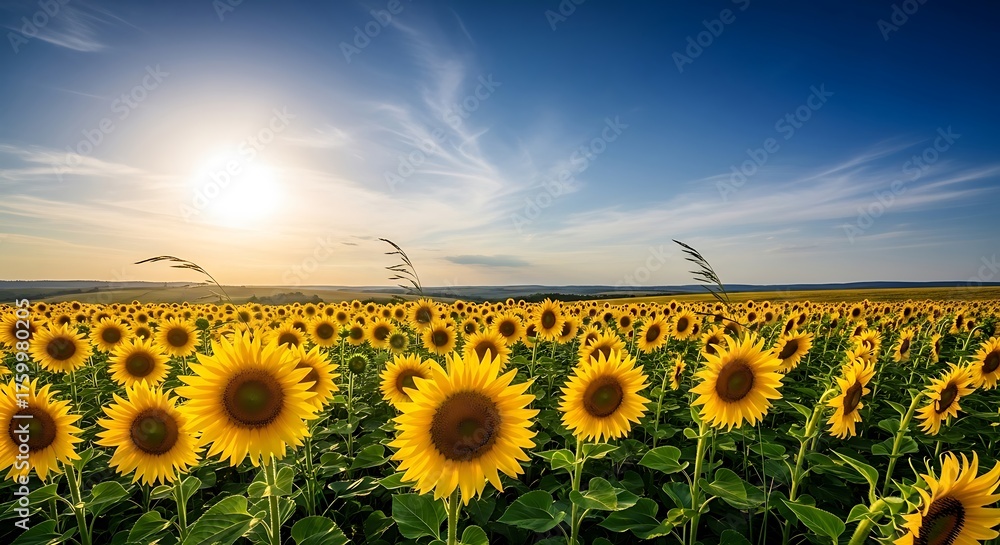 Fototapeta premium Endless sunflower field under a beautiful blue sky at sunset