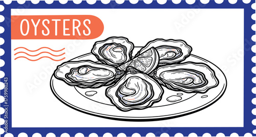 Delicious Oysters on a Plate with Lemon Wedge - A Fresh Seafood Illustration