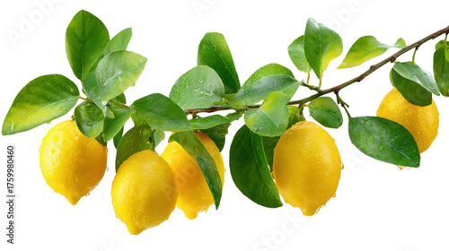 Fresh Lemons on Branch Citrus Tree Green Leaves Water Droplets Vitamin C Rich
