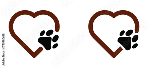 Vector illustration of two brown heart outlines with black paw prints symbolizing pet love, animal care, adoption, veterinary service, pet rescue, animal welfare, and compassion for animals concept.