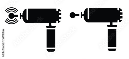 Black and white vector icon of drill with sound waves and standard drill representing construction, mechanical work, power tools, drilling, vibration, hardware, and industrial technology concept.