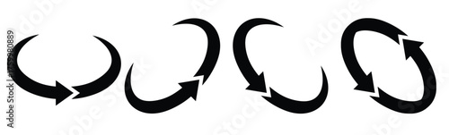 Black and white vector icon showing several circular arrows representing recycling, process flow, refresh, continuous cycle, renewal, sustainability, and energy conservation concept.