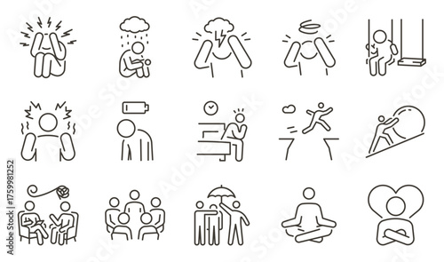 Stress, anxiety, and mental balance icon set. Thin line editable stroke icons for depression, burnout, therapy, resilience, mindfulness, meditation, emotional support, and self-care.