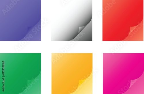Six colorful paper corners with gradient backgrounds on white page curl