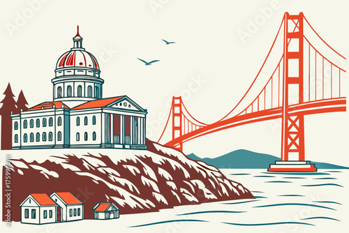 Minimalist San Francisco skyline with bridge and ocean tone
