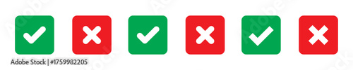 check mark icon button set. check box icon with right and wrong buttons and yes or no checkmark icons in green tick box and red cross. vector illustration