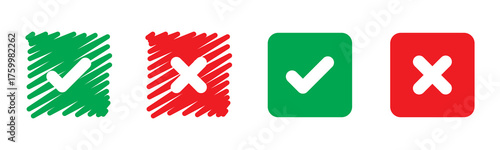 check mark icon button set. check box icon with right and wrong buttons and yes or no checkmark icons in green tick box and red cross. vector illustration