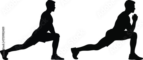 Lunge Exercise Silhouette of Two Men Stretching Legs for Fitness Training