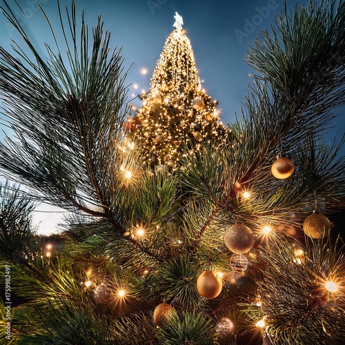 Tight frame on pine needles interspersed with gleaming decorations and luminous strands