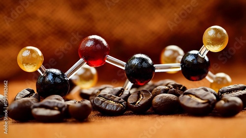 Molecular model of caffeine coffee beans on a burnt orange backdrop