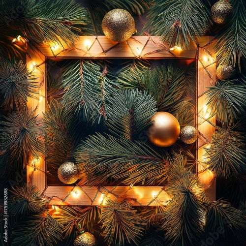 Tight frame on pine needles interspersed with gleaming decorations and luminous strands