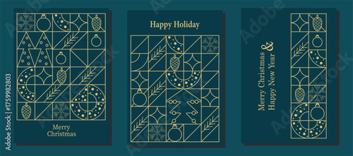 Geometric Line Art Christmas and New Year Holiday Cards Set. Christmas decorations pattern, blue greeting card background