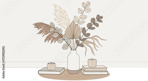 Bohemian dried floral arrangement in a vase with candles and books