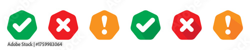Right or wrong icons. Green tick and red cross checkmarks in circle flat icons. Yes or no symbol, approved or rejected icon for user interface.